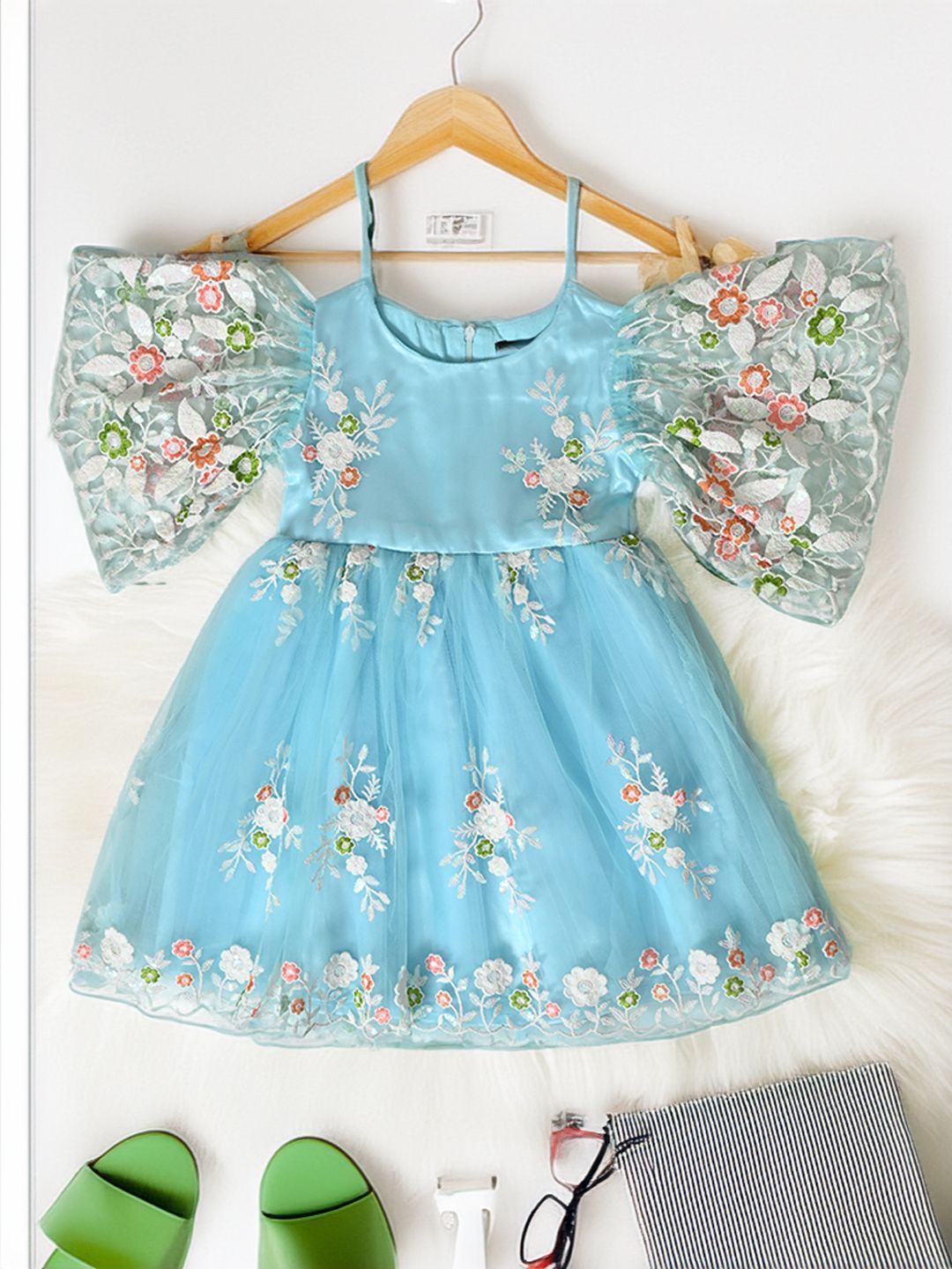 Bella Moda Girls Floral Sequined Flared Sleeve Satin Fit & Flare Dress-picture-27