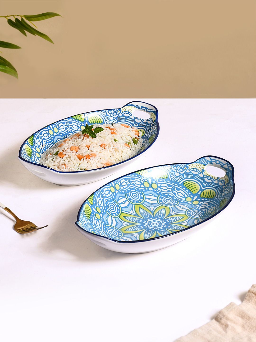 Nestasia 2Pcs Blue & White Mandala Printed Ceramic Bakeware With Handle-image-32