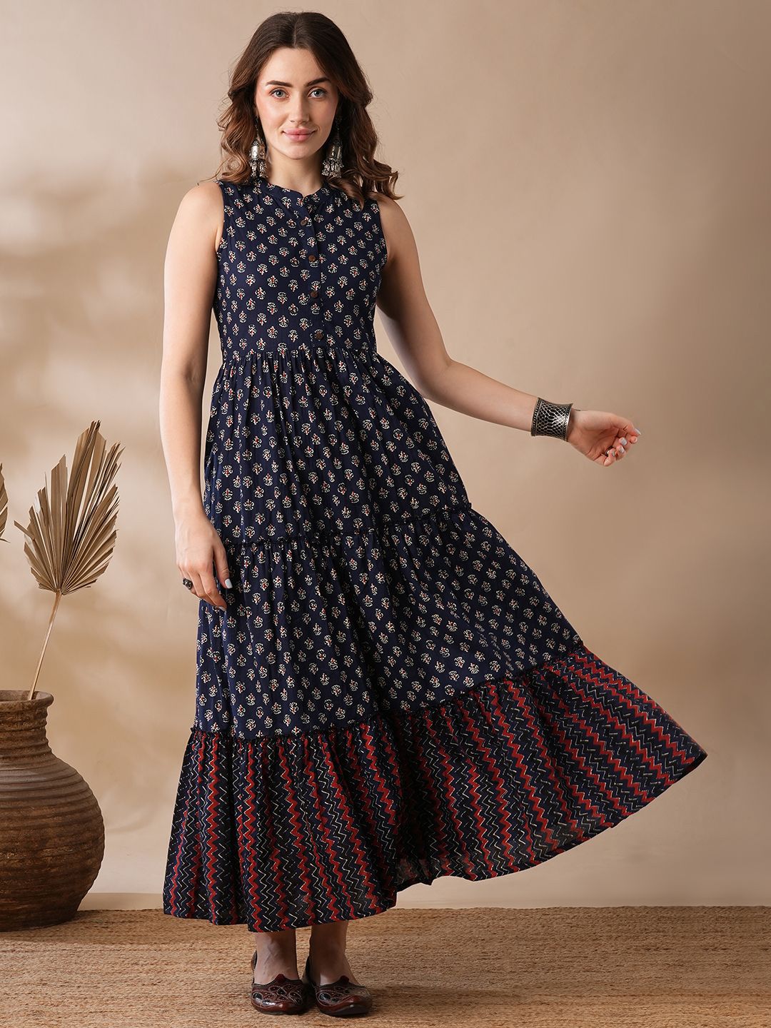 Globus Printed Sleeveless Tiered Fit and Flare Maxi Ethnic Dresses-image-19