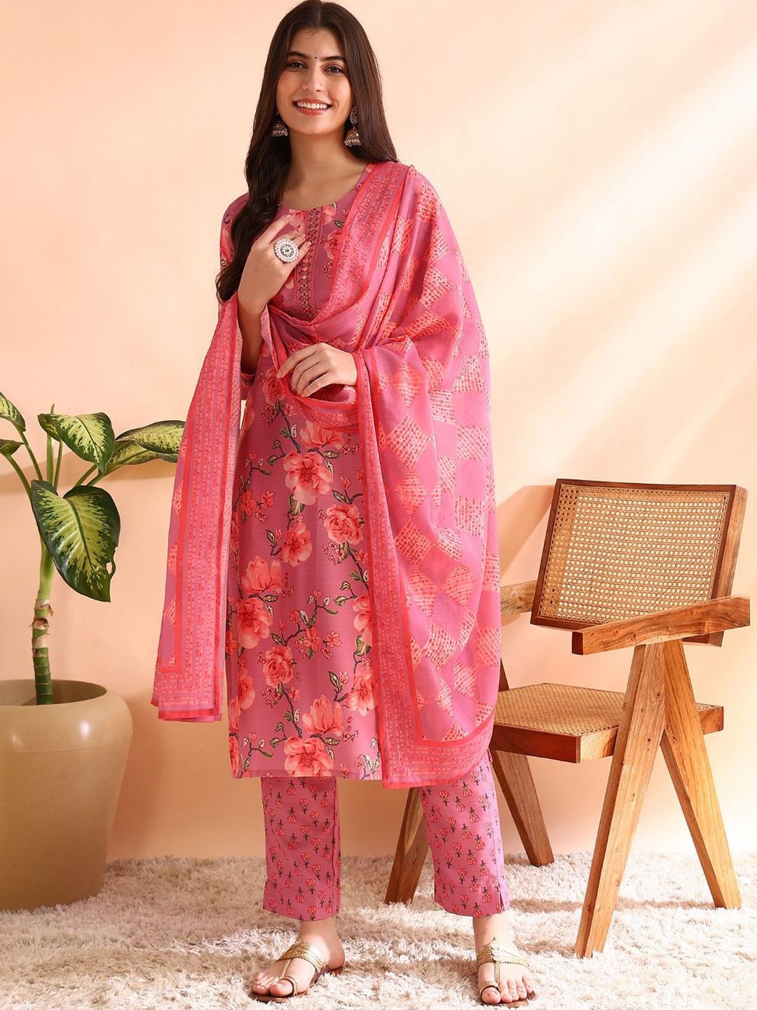 KALINI Floral Printed Mirror Work Straight Kurta With Trousers & Dupatta-picture-13