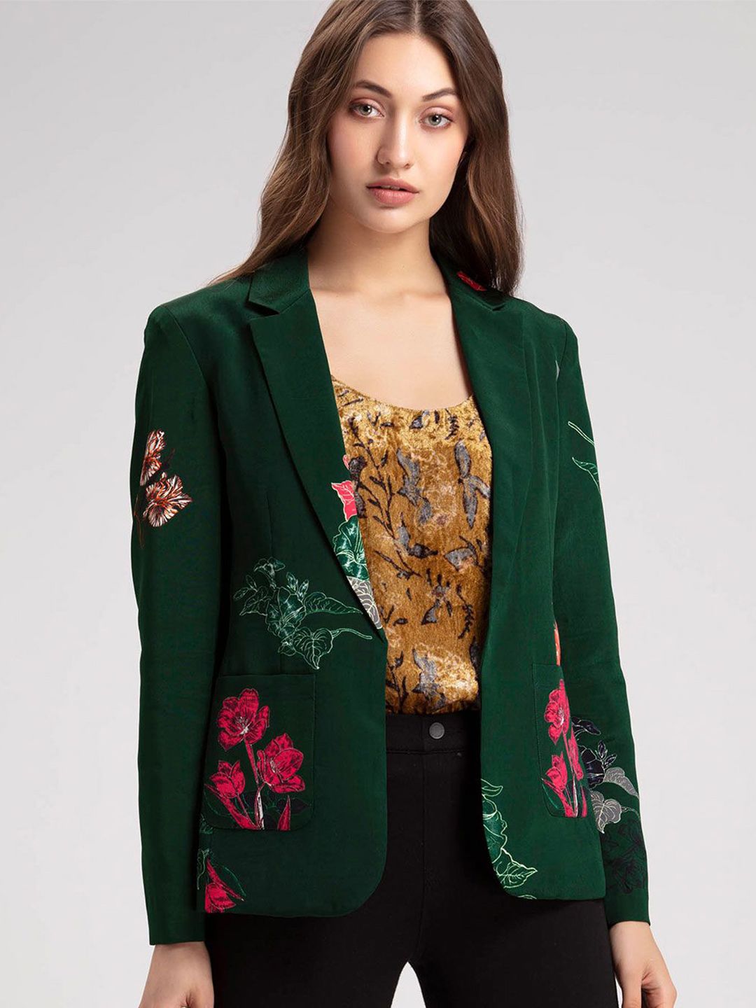 SHAYE Notched Lapel Floral Printed Open Front Casual Blazer