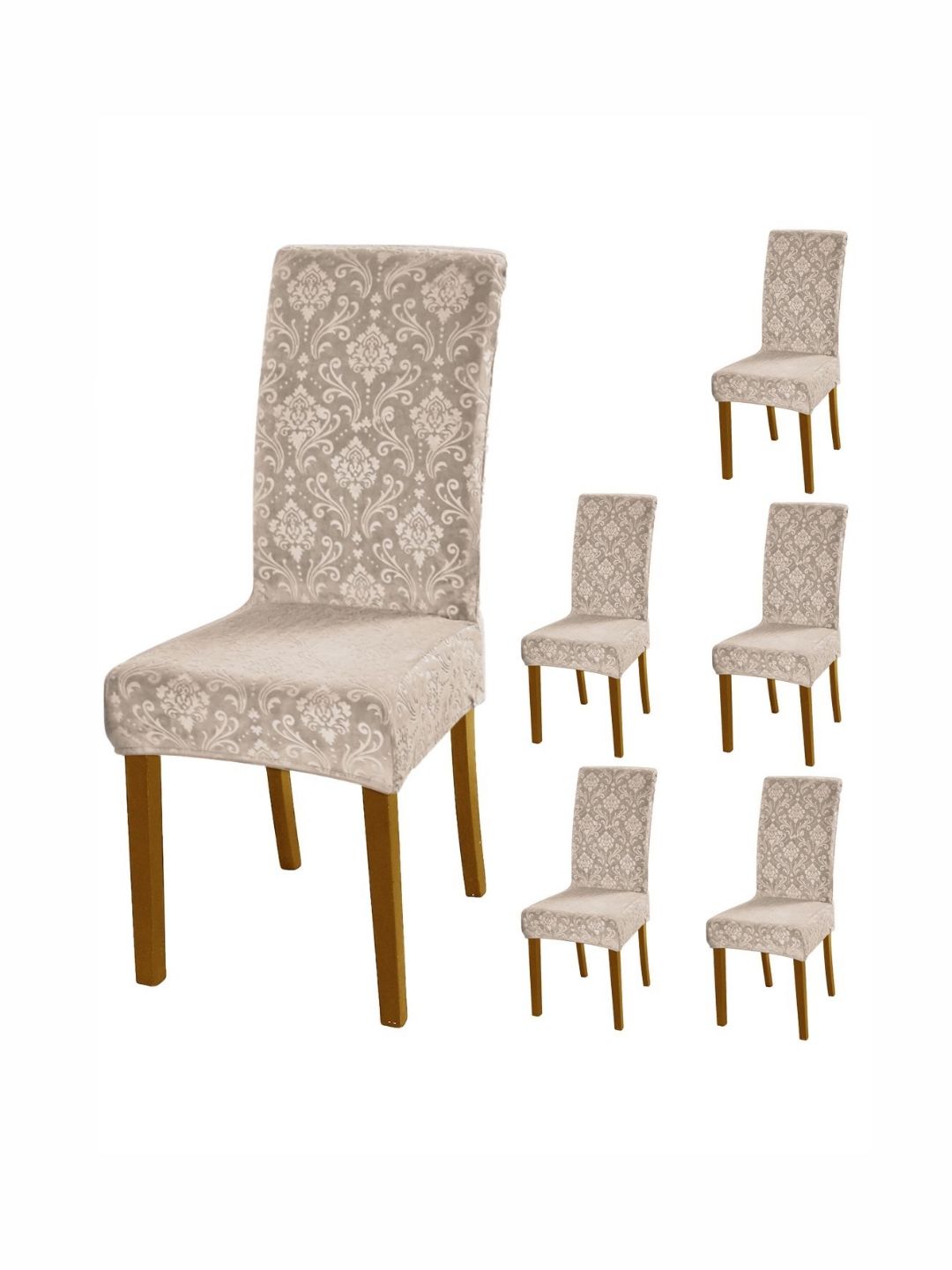 HOKIPO Camel Brown 6 Pieces Self Design 200 GSM Stretchable Velvet Chair Covers