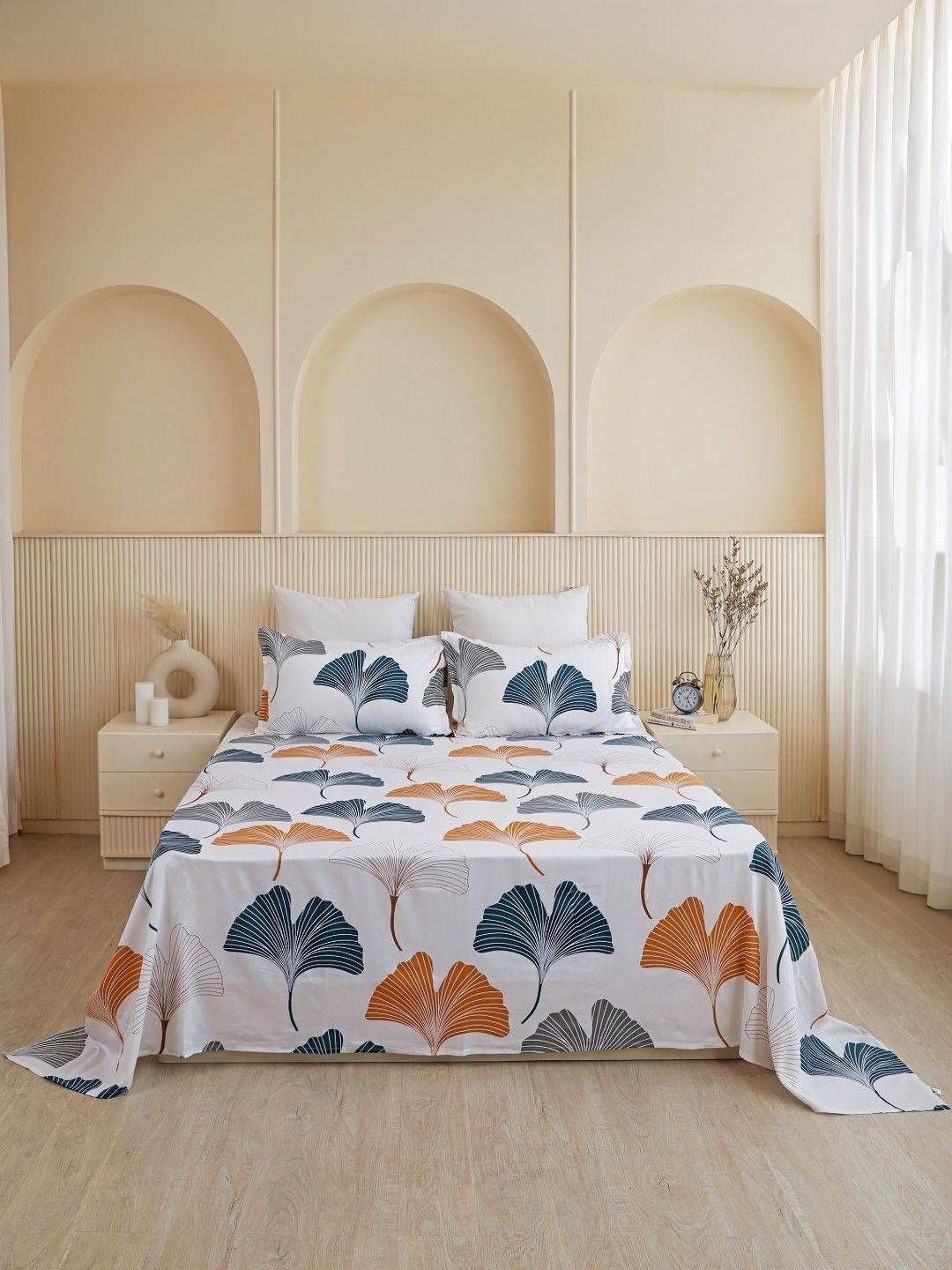 HOMEMONDE Mustard & White Floral 210 TC Queen Bedsheet with 2 Pillow Covers-picture-25