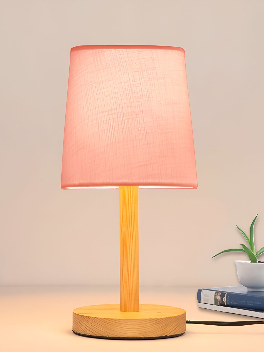 Homesake Pink & Beige Contemporary Wooden Frustum Shade Table Lamp