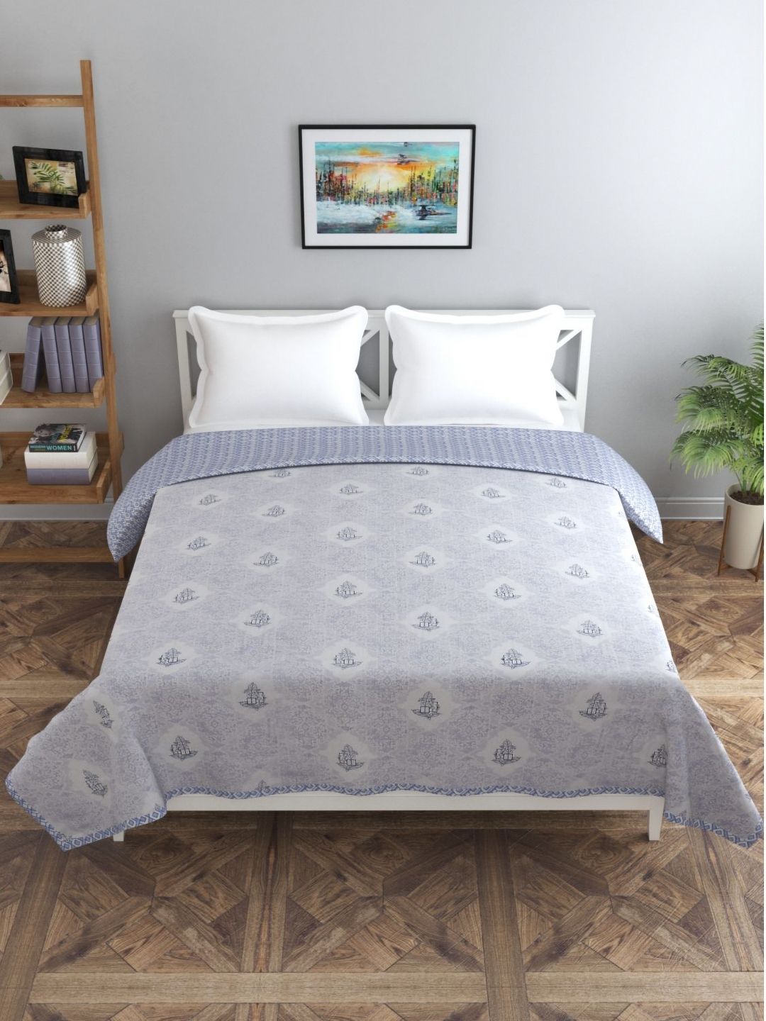 Florida Blue & Off White Ethnic Motifs Microfiber Double Bed Dohar-picture-30