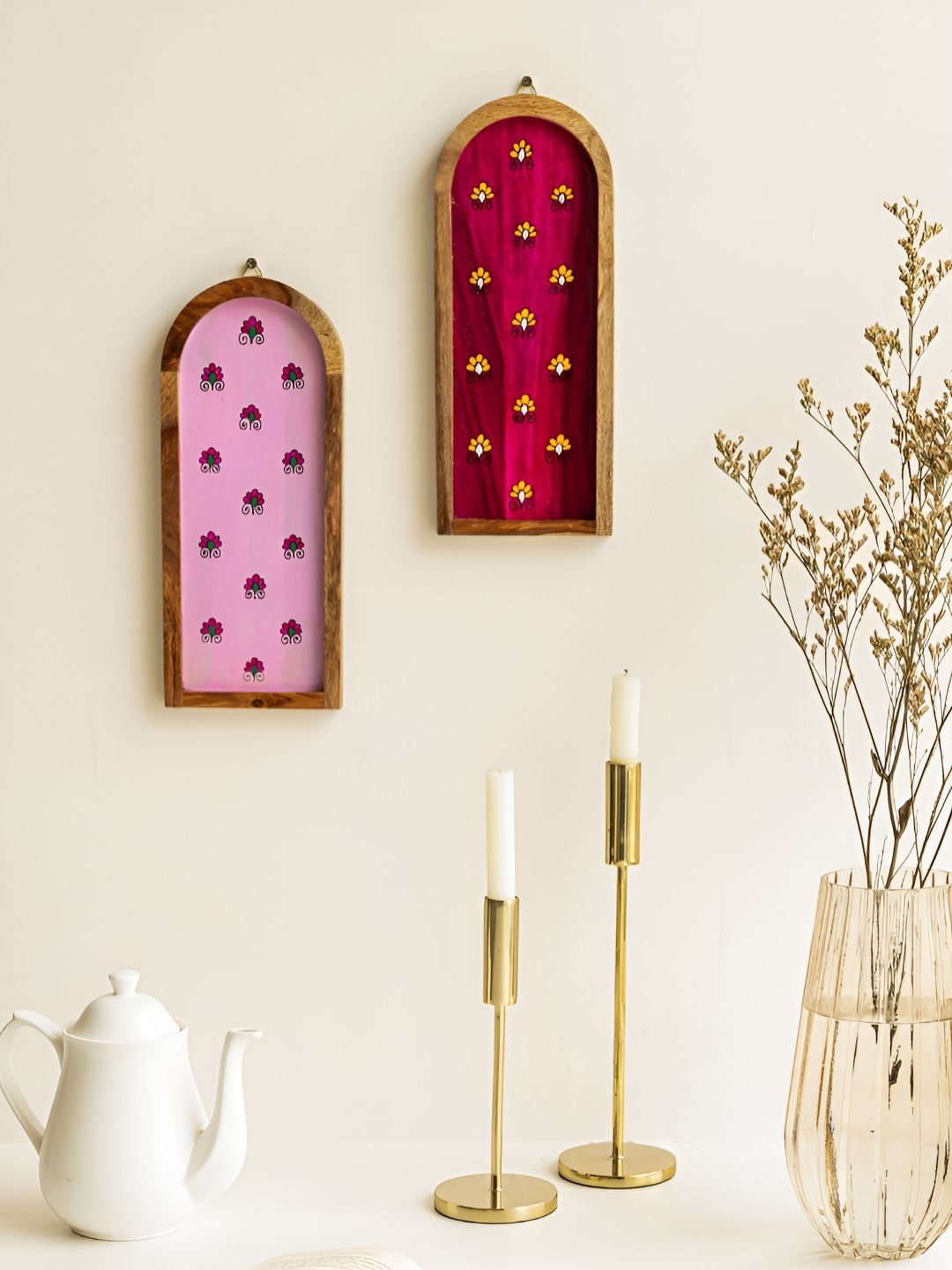 Mirai Woods 2-Pcs Pink & Red Floral Printed Wooden  Wall Decor-picture-11