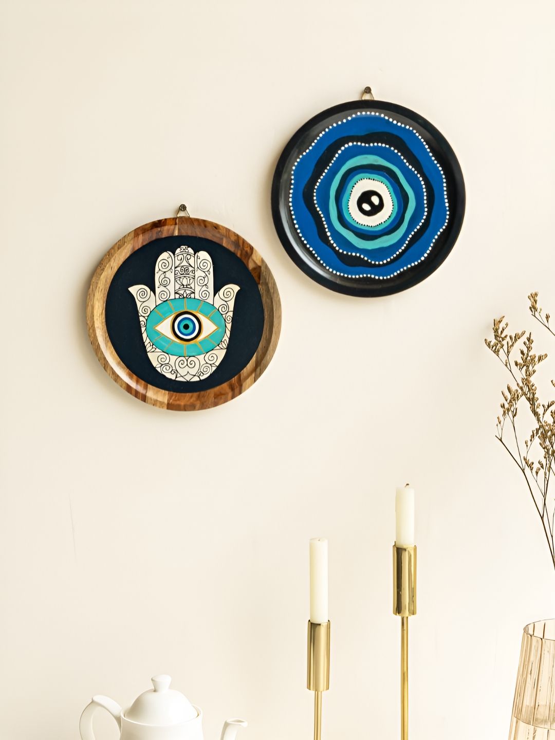 Mirai Woods 2- Pcs Blue & White Printed Wooden Wall Plate-image-24