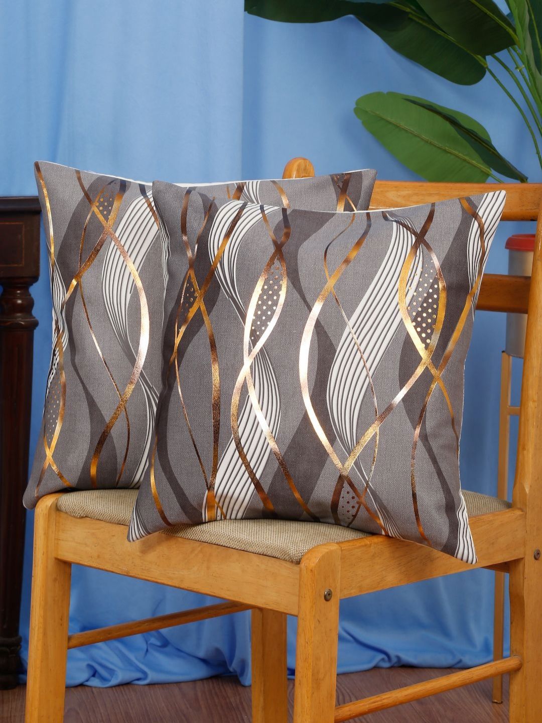 DREAM WEAVERZ Grey & Gold-Toned Set of 2 Abstract Velvet Square Cushion Covers-picture-34