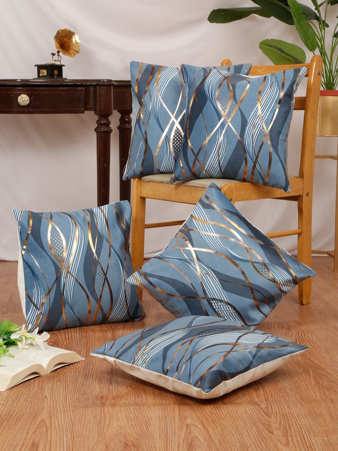 DREAM WEAVERZ Blue & Gold-Toned Set of 5 Abstract Velvet Square Cushion Covers-image-34