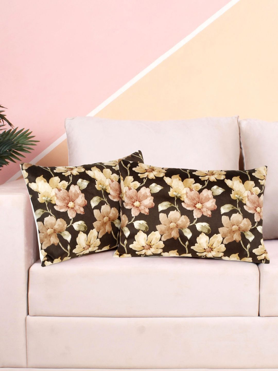 DREAM WEAVERZ Brown & Green Set of 2 Floral Velvet Rectangle Cushion Covers-picture-33