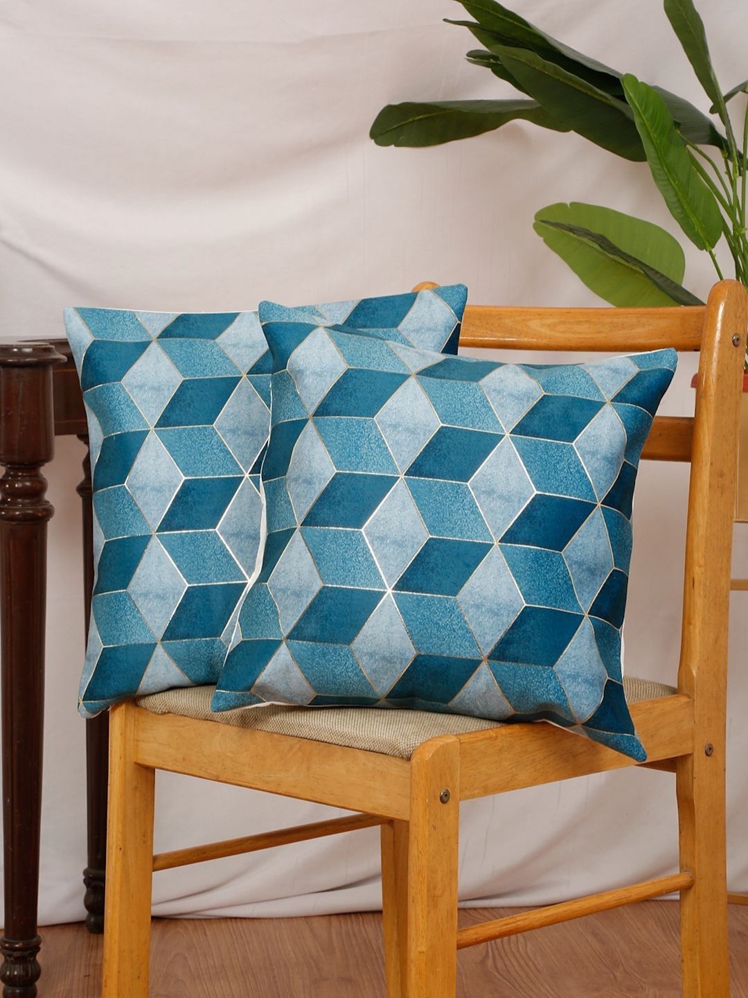 DREAM WEAVERZ Blue & Gold-Toned Set of 2 Geometric Velvet Square Cushion Covers-picture-32