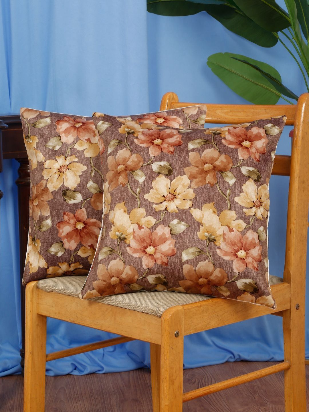 DREAM WEAVERZ Brown & Rust Set of 2 Floral Velvet Square Cushion Covers-picture-31