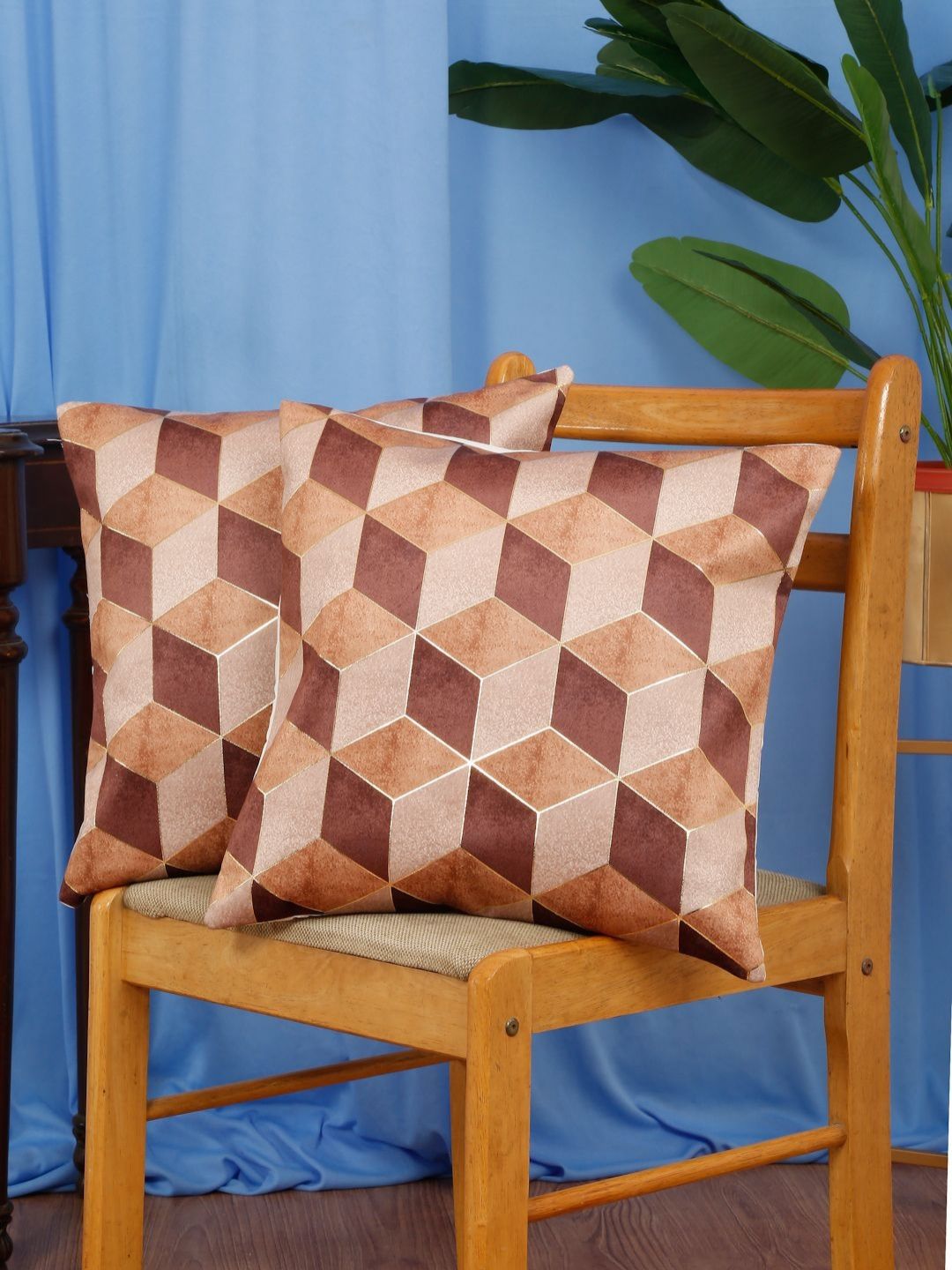 DREAM WEAVERZ Brown & Peach-Coloured Set of 2 Geometric Velvet Square Cushion Covers-picture-30
