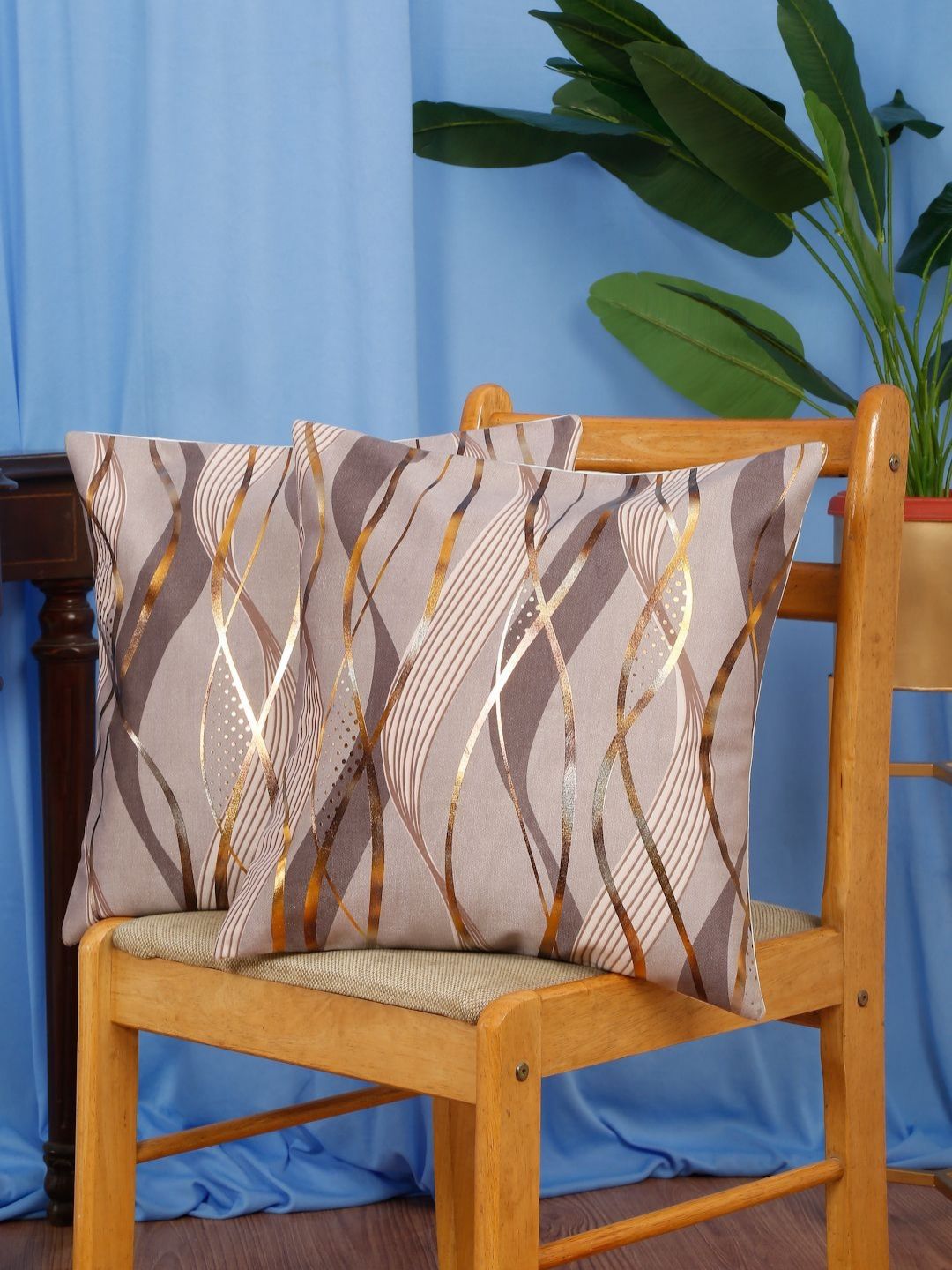 DREAM WEAVERZ Grey & Beige Set of 2 Abstract Velvet Square Cushion Covers-picture-29