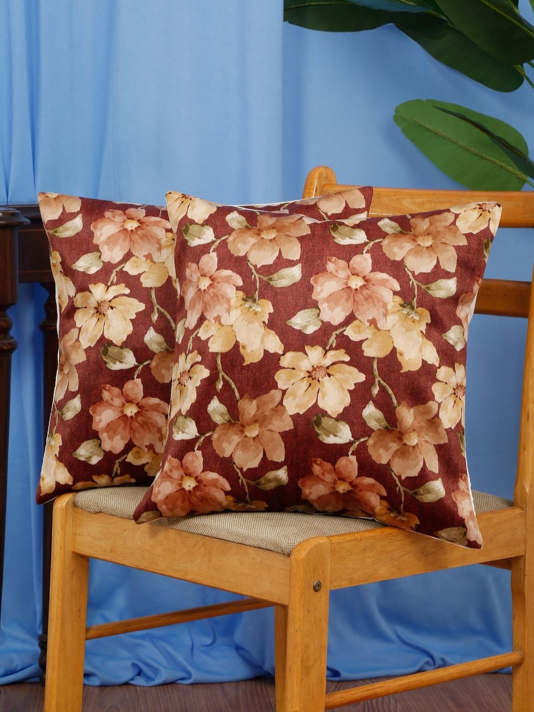 DREAM WEAVERZ Maroon & Green Set of 2 Floral Velvet Square Cushion Covers-picture-12