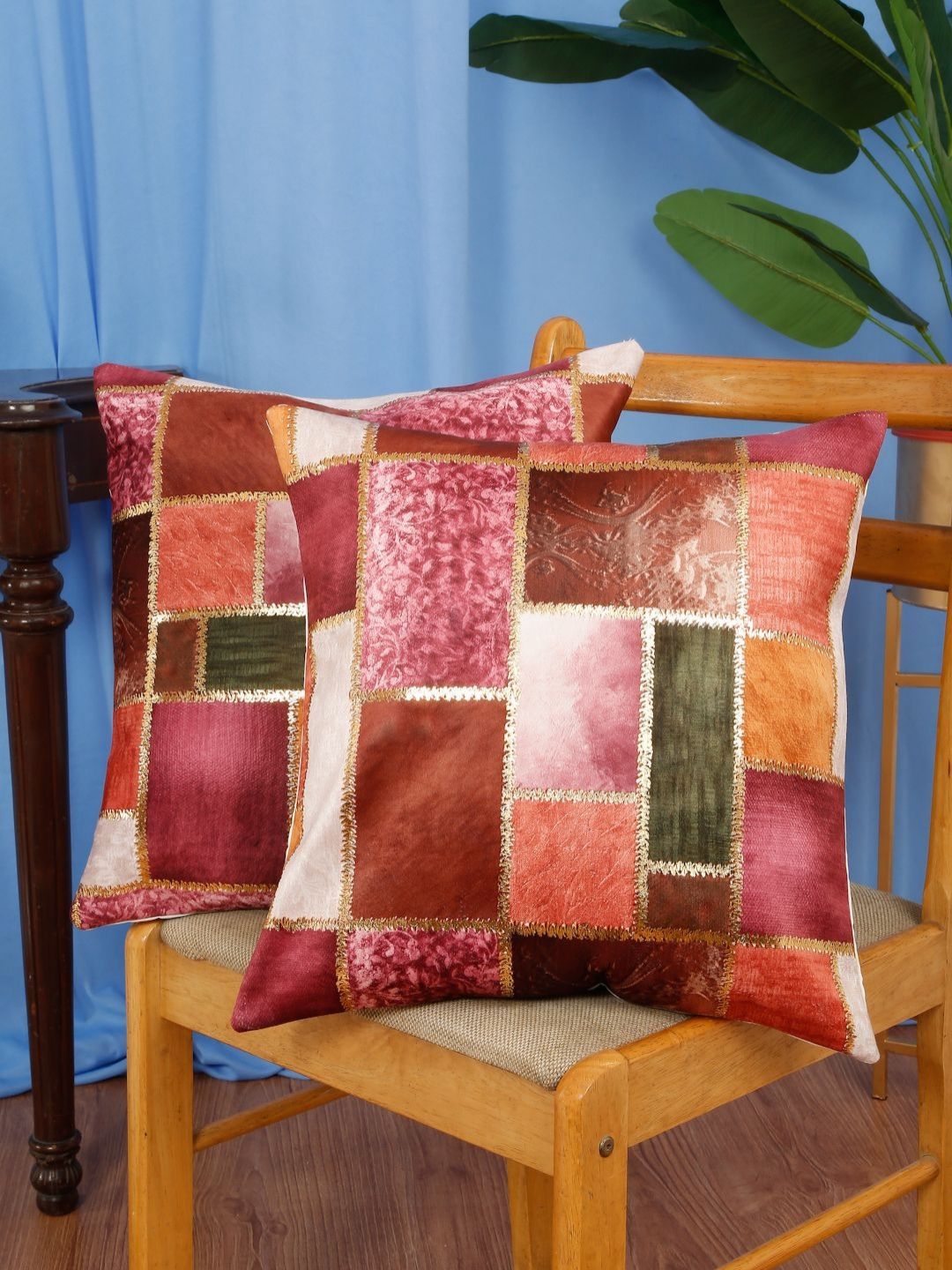 DREAM WEAVERZ Pink & Rust Set of 2 Geometric Velvet Square Cushion Covers-picture-28