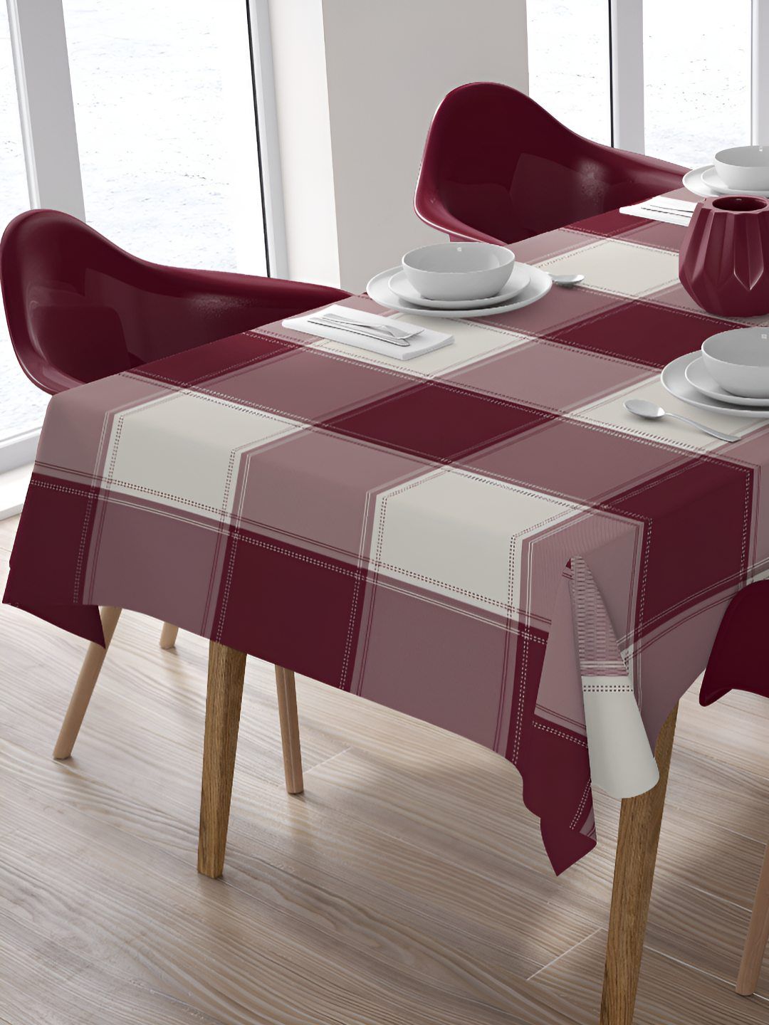 HOME COLORS.IN Maroon Geometric Printed Cotton 8-Seater Table Cover-image-27