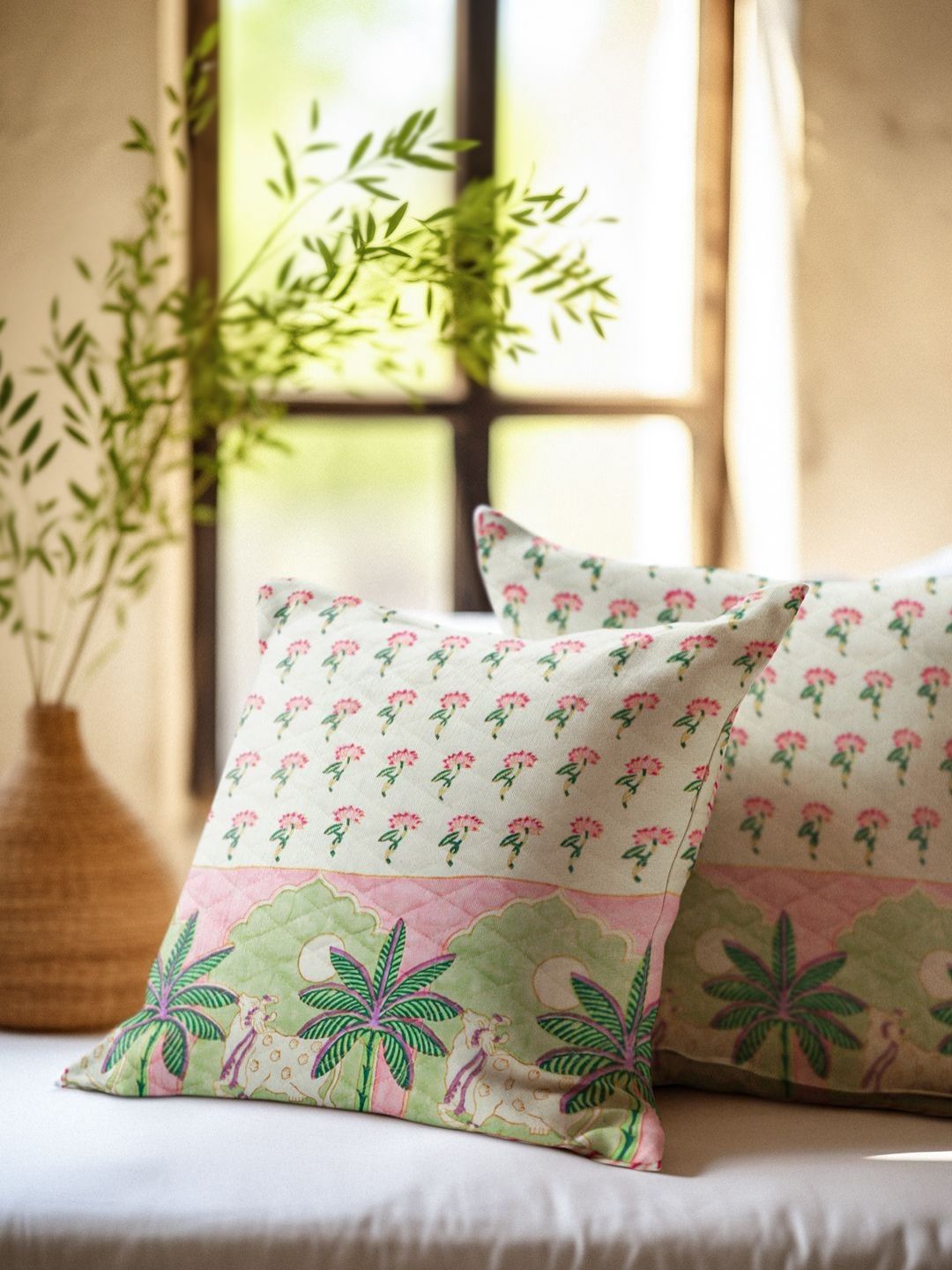 Baarno White & Pink Set of 2 Floral Square Cushion Covers-picture-58