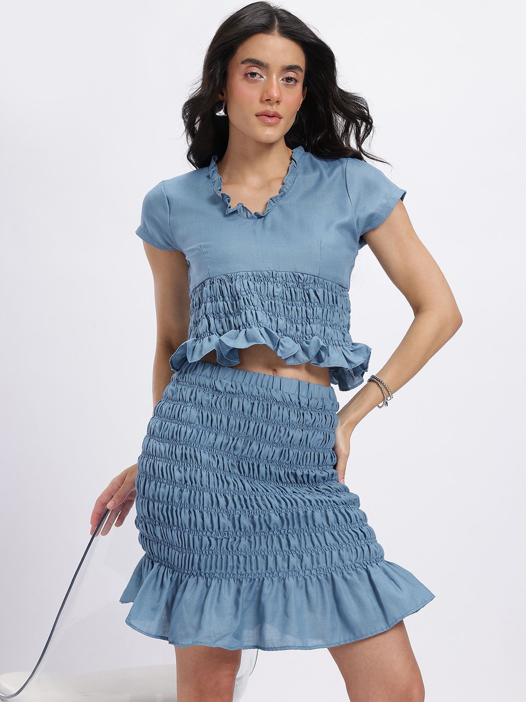 DressBerry Smocked Ruffled Detail Cinched Waist Top with Peplum Skirt-picture-15
