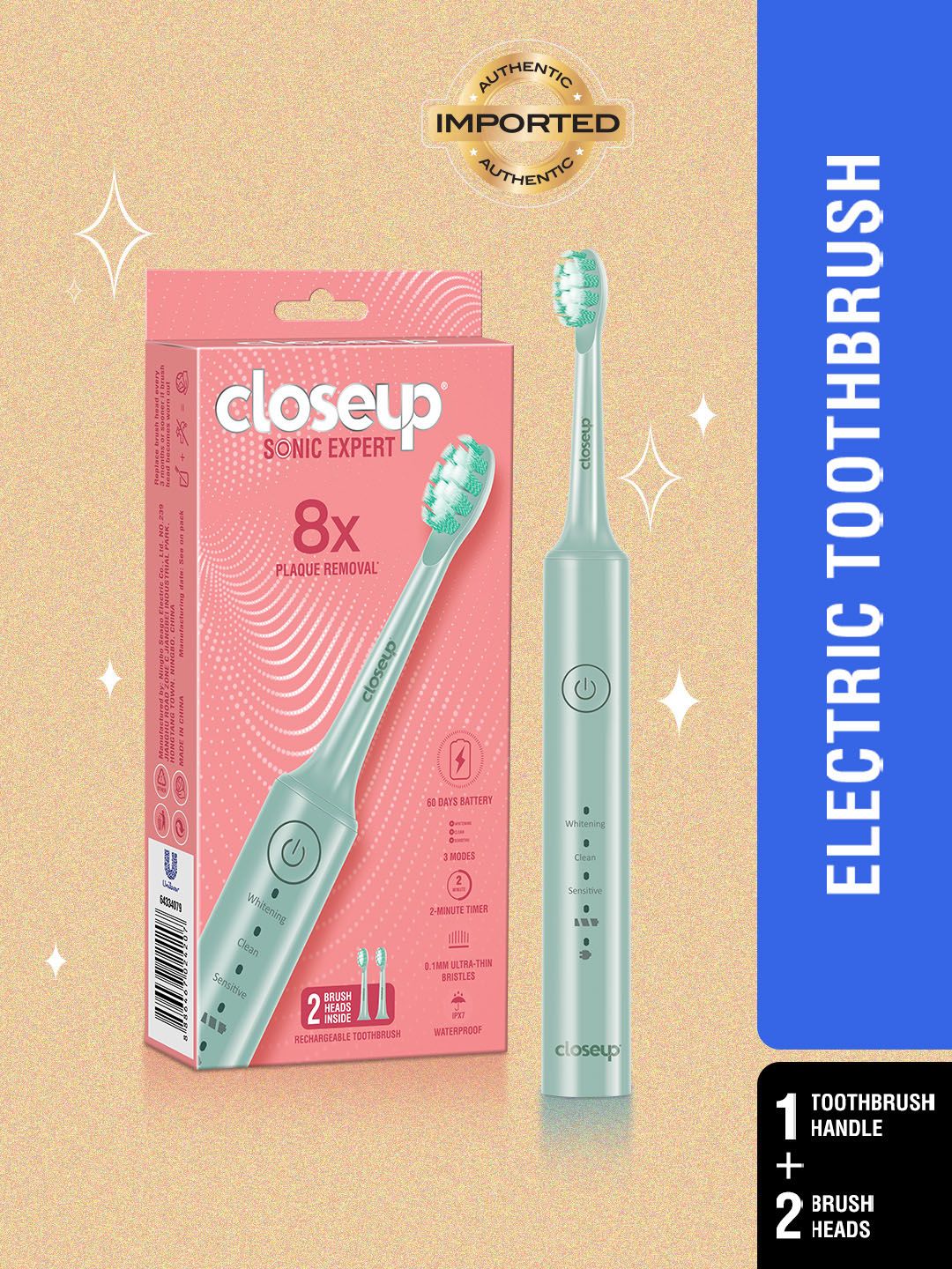 Sonic Expert 8x Plaque Removal Electric Toothbrush & 2 Replaceable Heads - Green deal from myntra