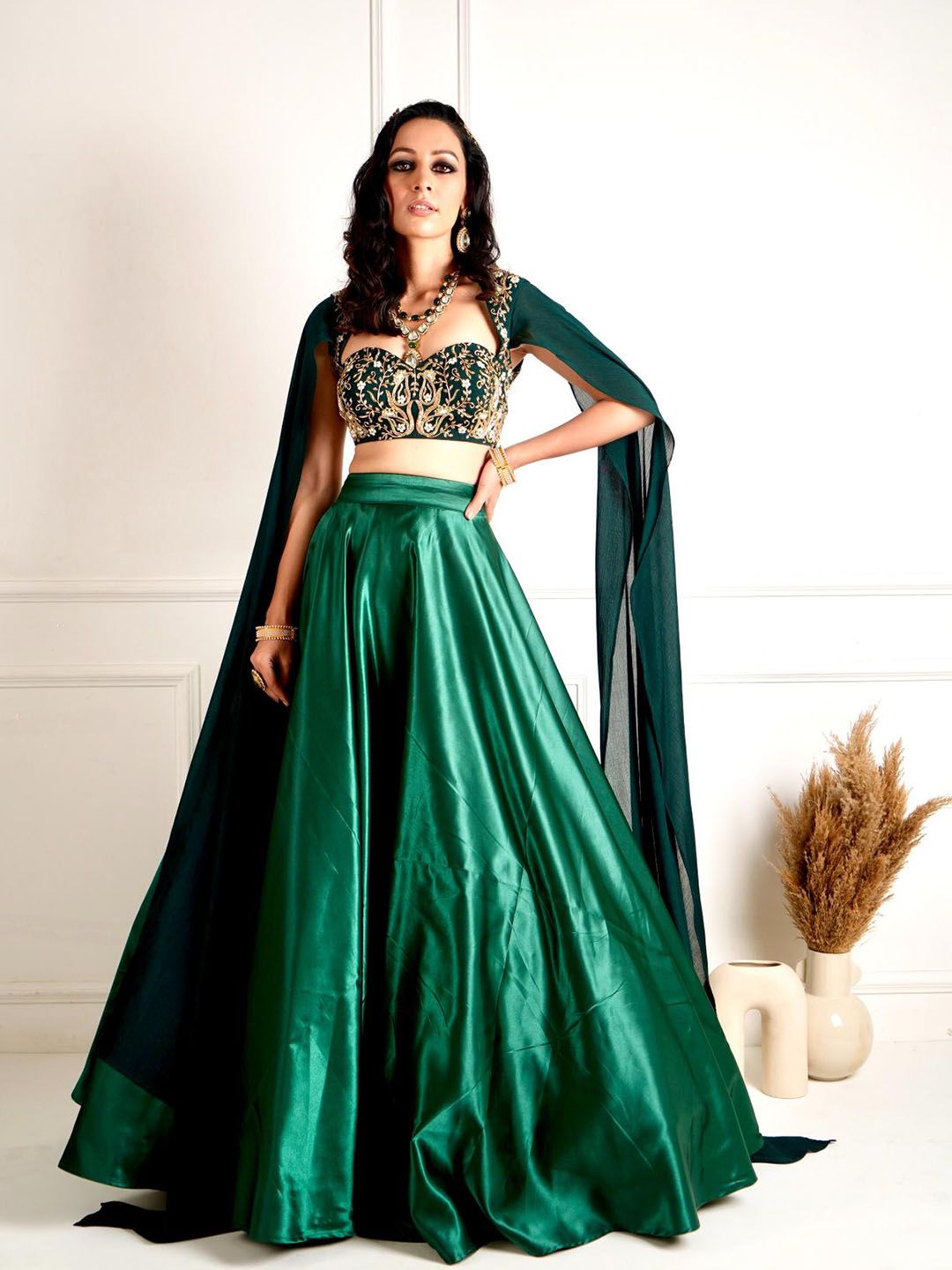 Rashika Sharma Embellished Flutter Sleeves Thread Work Satin Ready to Wear Lehenga Choli-image-44