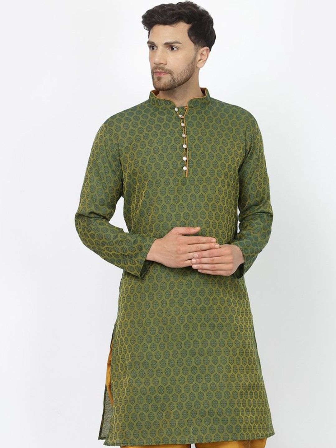 Sydney Heights Men Geometric Flared Sleeves Mirror Work Jacquard Kurta-picture-29