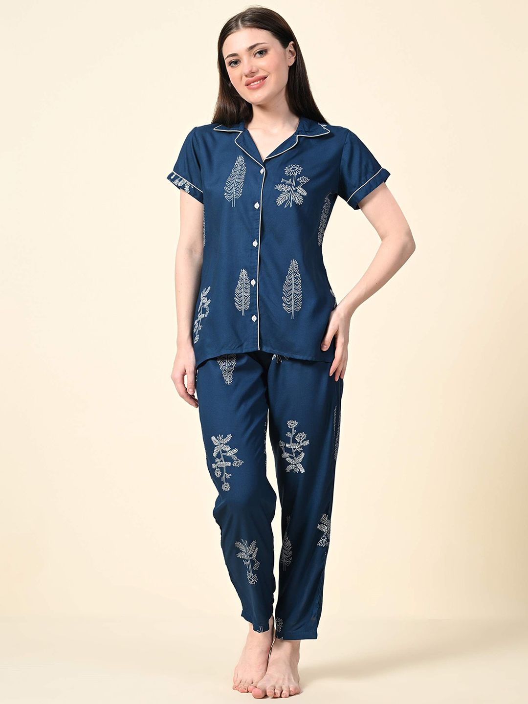 Ichaa Women Printed Lapel Collar Shirt and Pyjamas Night suit