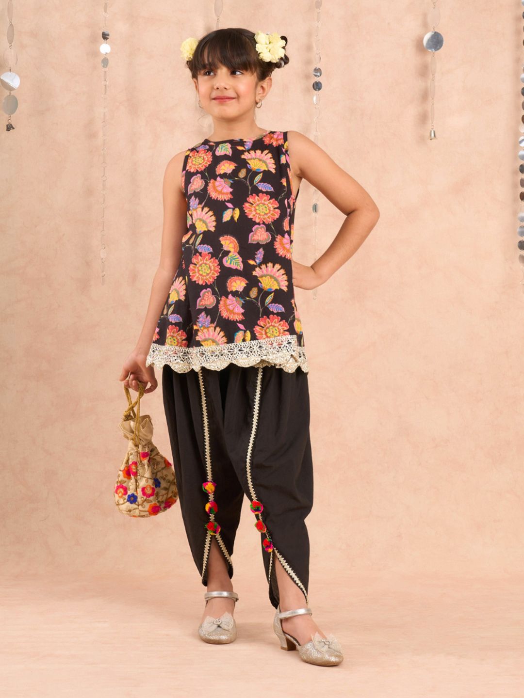 LIL DRAMA Girls Floral Printed Pure Cotton Kurta with Dhoti Pants-picture-32