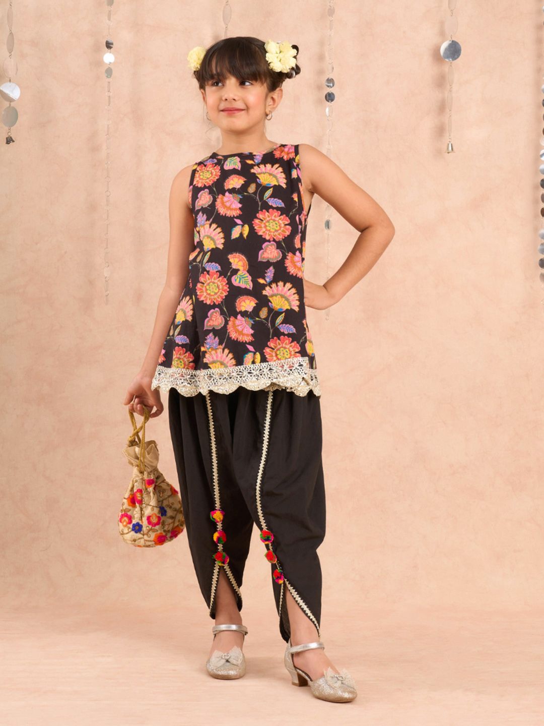 LIL DRAMA Girls Floral Printed Gotta Patti Pure Cotton A-Line Kurta With Dhoti Pant-picture-37