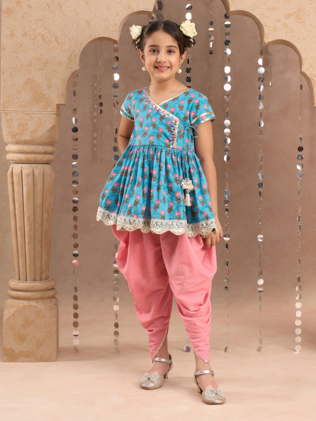 LIL DRAMA Girls Floral Printed Gotta Patti Pure Cotton Anarkali Kurta With Dhoti Pant-picture-26