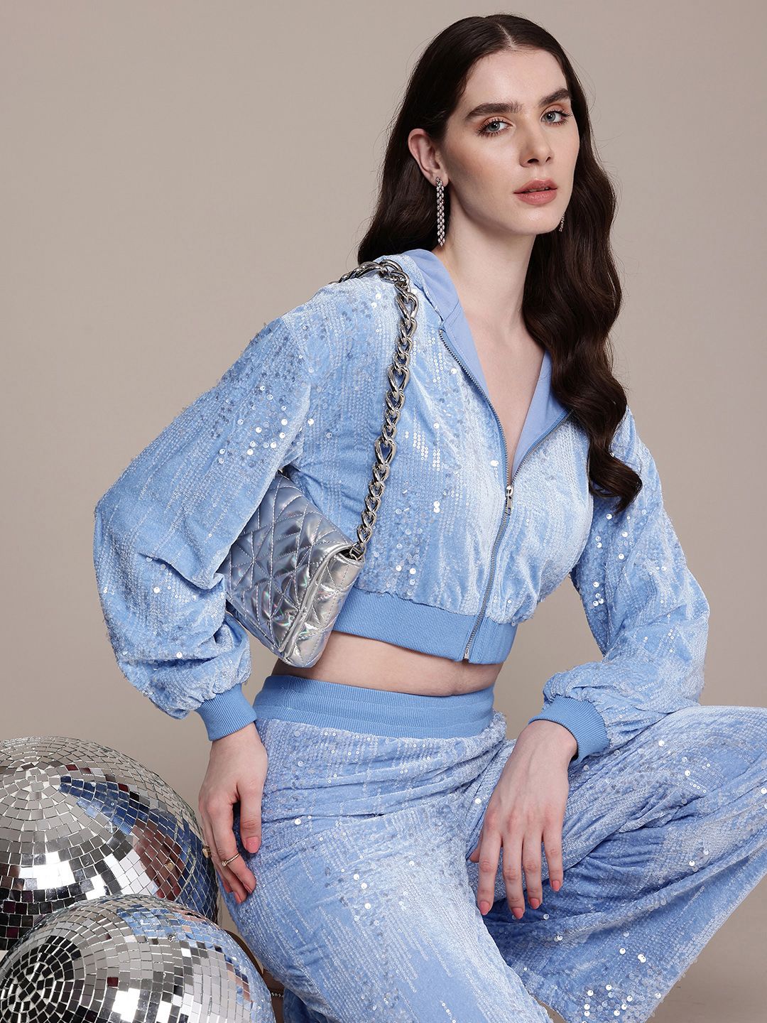 bebe Women Hooded Sequined Crop Sweatshirt & Trousers Co-Ords-picture-14