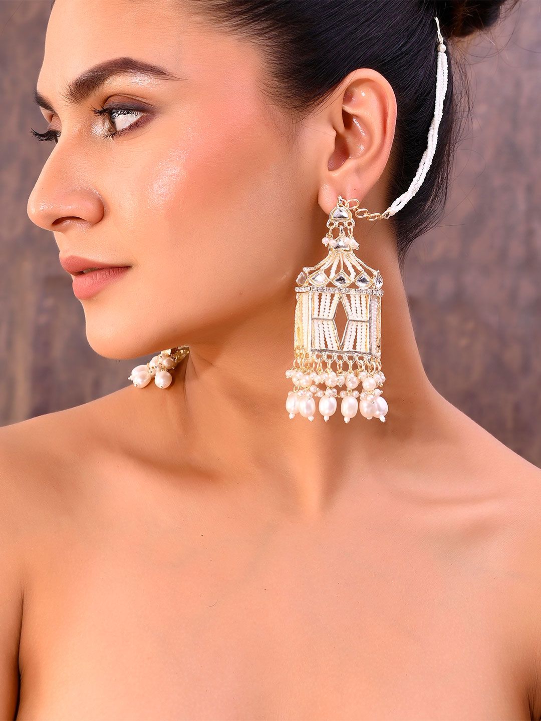 VOJ Stainless Steel Gold Plated Pearls Beaded Dome Shaped Jhumkas With Kan Chain-image-0