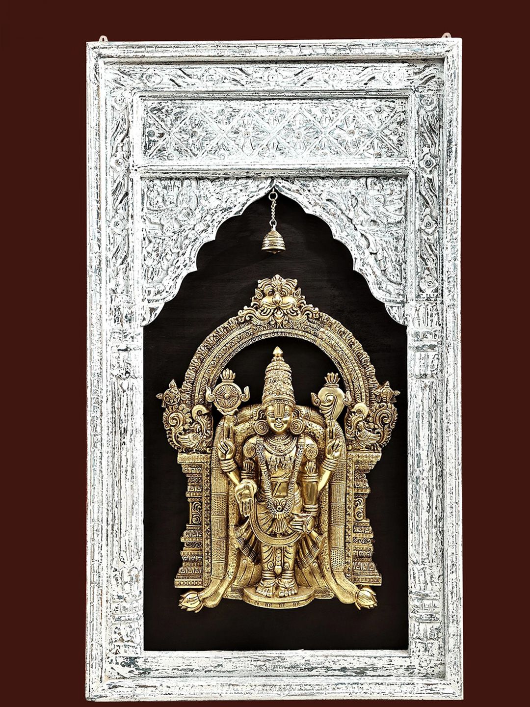 Exotic India Tirupati Balaji Brass Idol in Temple Wooden Frame Wall Hanging-image-9