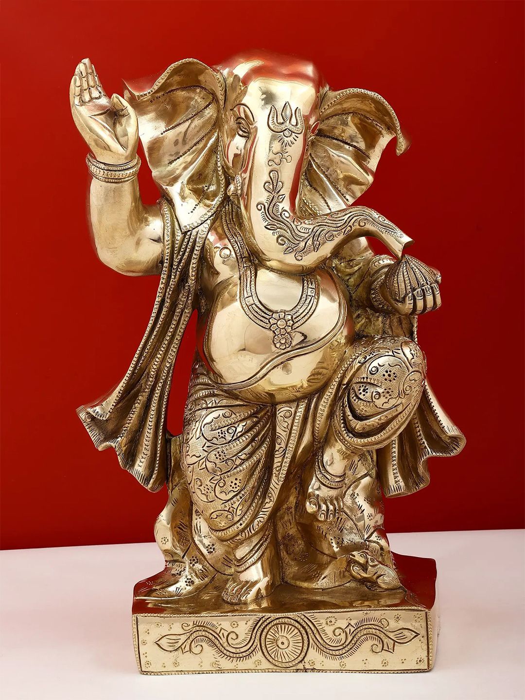 Exotic India Gold-Toned Dancing Ganesha Brass Religious Idol Showpiece-picture-14
