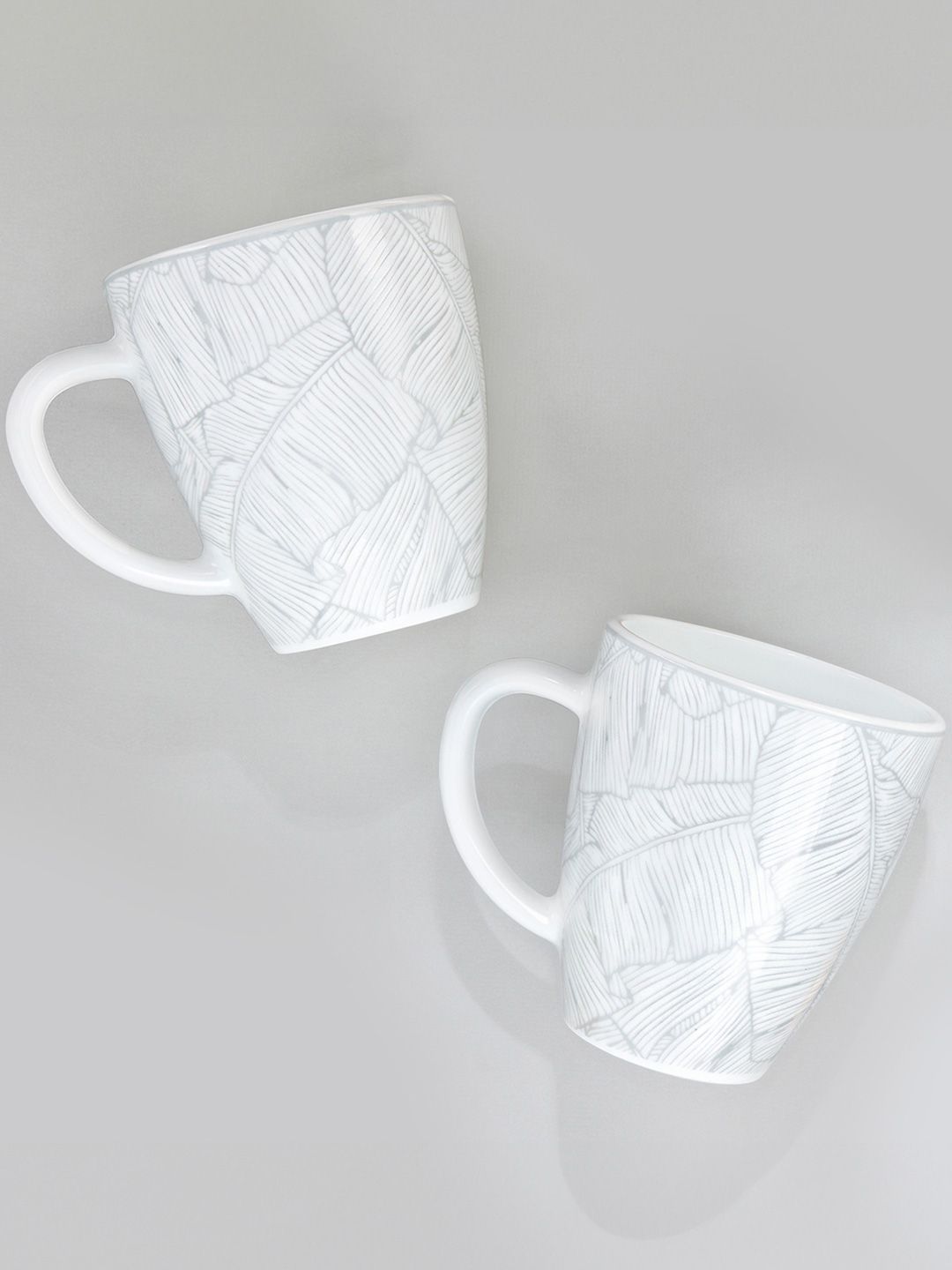 Larah by BOROSIL Premia Series Ivy White & Grey 2Pcs Leaf Printed Opalware Mugs 390ml Each-image-11