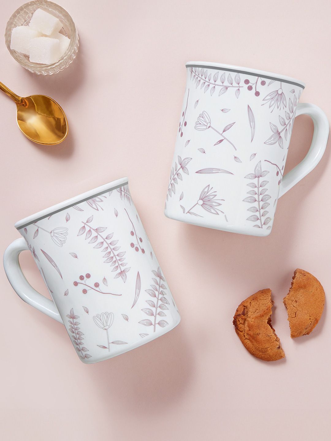 Larah by BOROSIL Premia Series Grandeur White 2Pcs Floral Printed Opalware Mugs 350ml Each-picture-23
