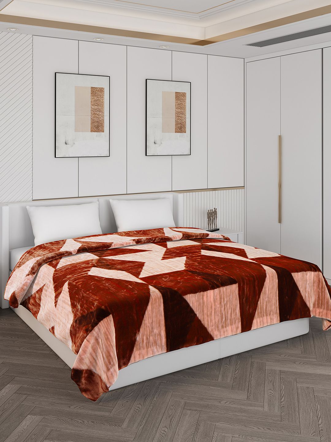 Monte Carlo Brown & cream Colored Geometric Printed Mild Winter 600 GSM Double Bed Blanket-image-42