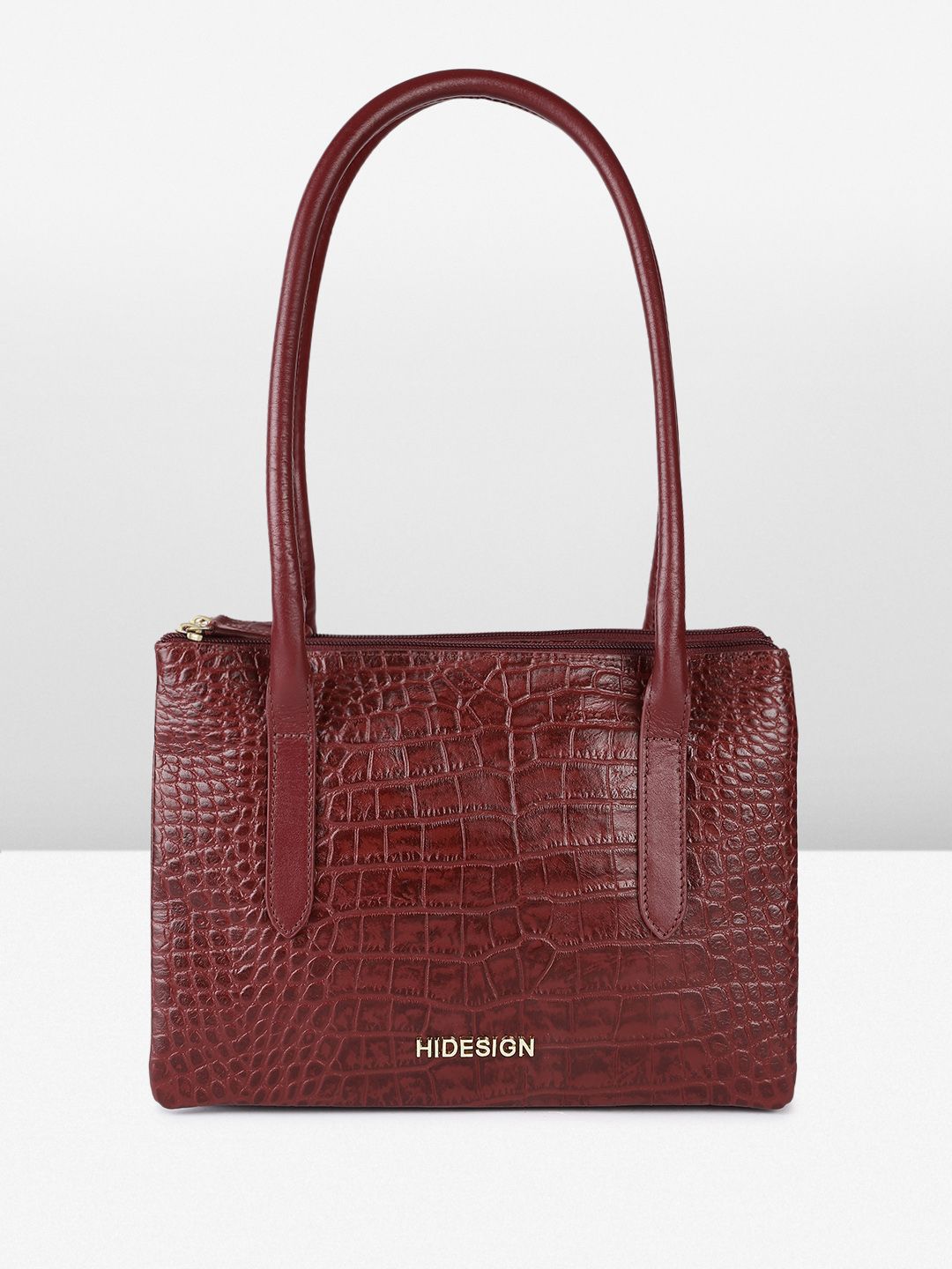 Hidesign Lya-Croco-Marsala Textured Animal Print Shoulder Bag