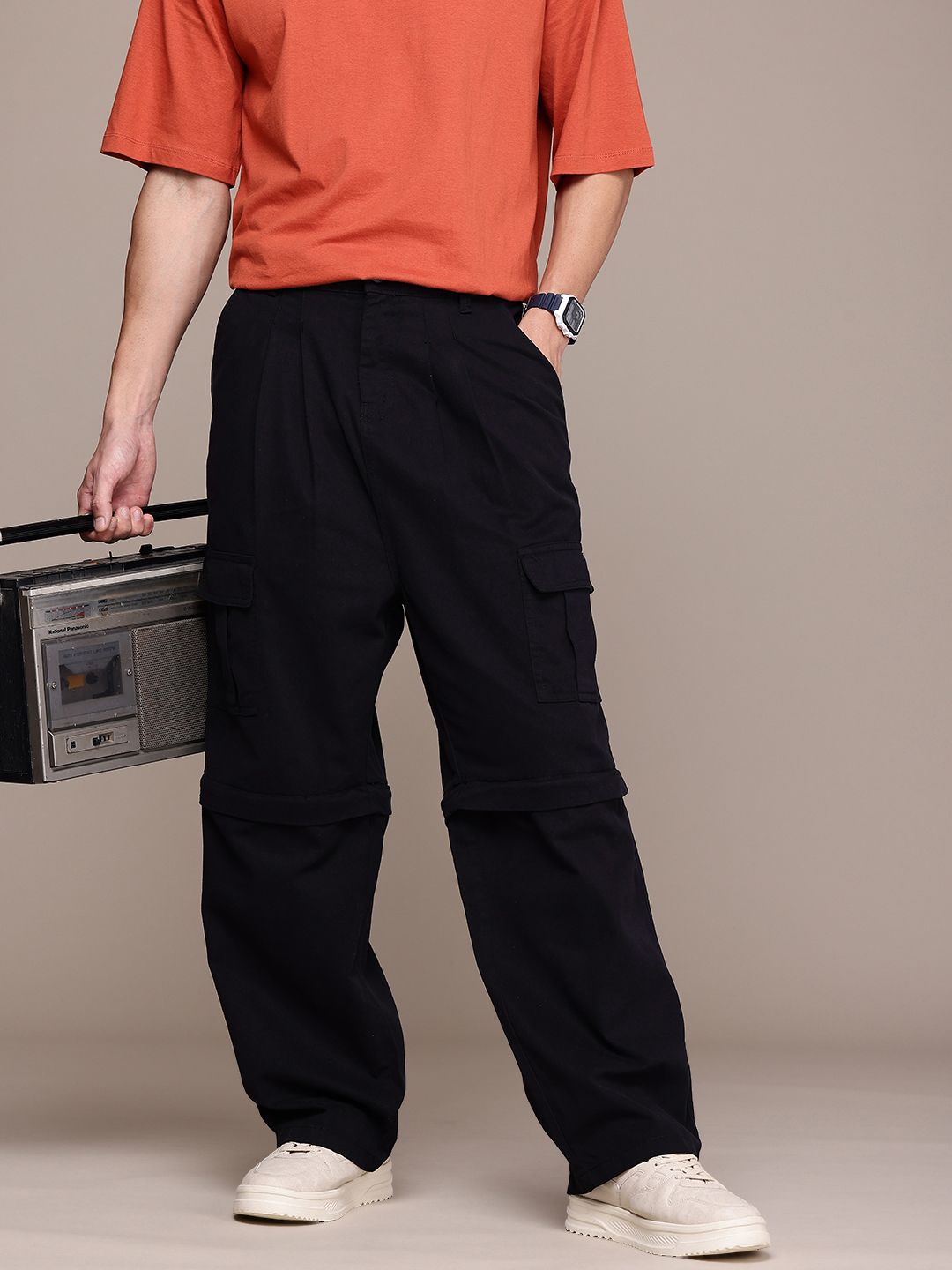 The Roadster Life Co. Men Baggy Fit Pleated Convertible Cargos Trousers-image-7