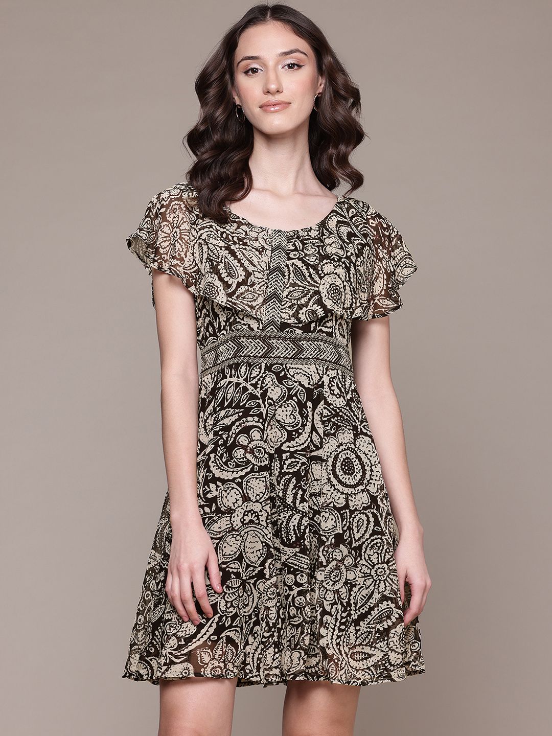 Label Ritu Kumar Floral Printed Flutter Sleeve Ruffled Georgette Fit & Flare Mini Dress-picture-45