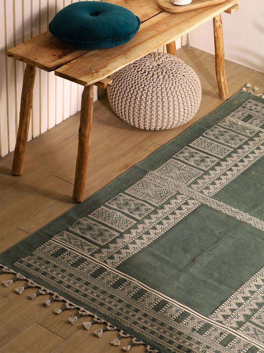 Peepul Tree Green and Cream Colored Mandana Block Printed Cotton Carpet