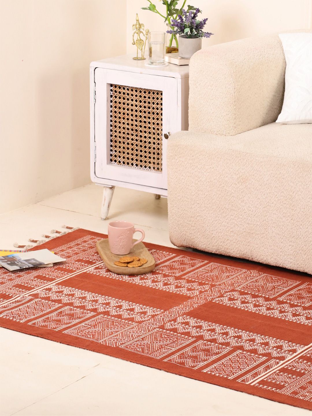 Peepul Tree Rust Brown and White Mandana Block Printed Cotton Carpet-image-1