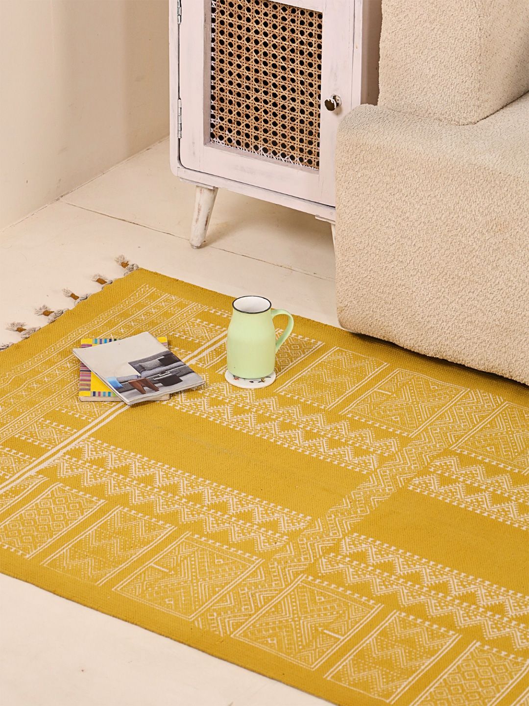 Peepul Tree Mustard Yellow and White Mandana Art Printed Cotton Carpet-image-26