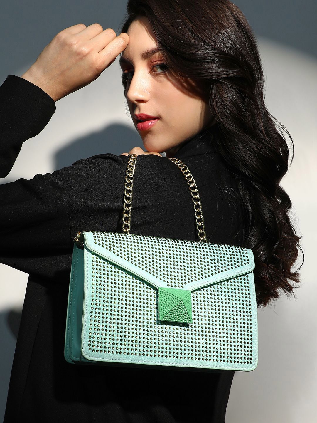 HAUTE SAUCE Green Embellished Leather Structured Sling Bag with Tasselled Handbag