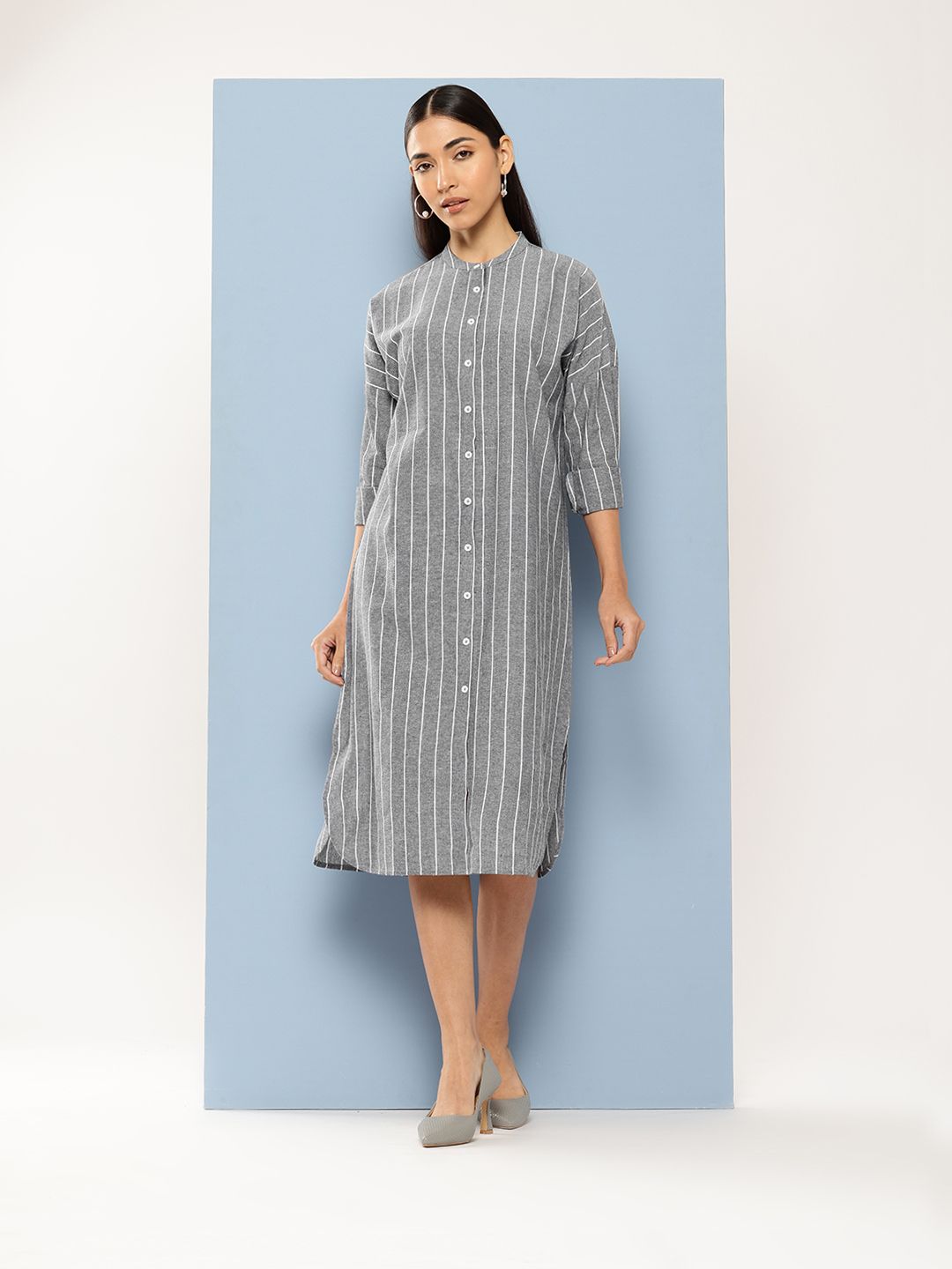 Chemistry Striped Mandarin Collar Mandarin Collar Shirt Dress