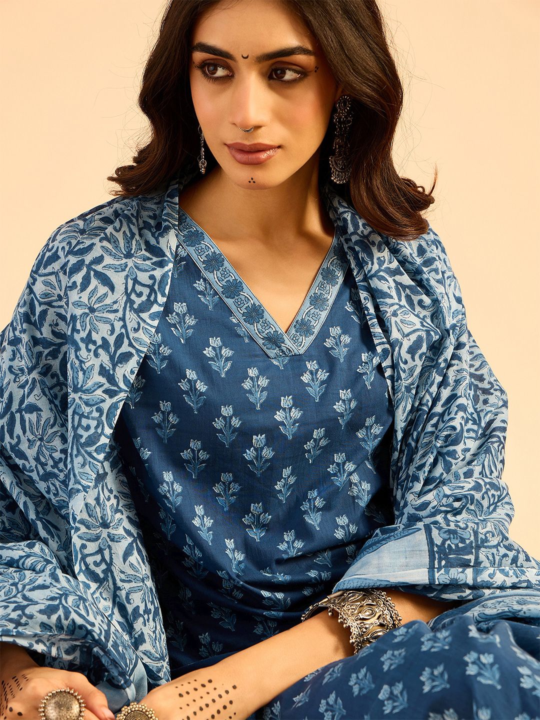 Indo Era Floral Printed Pure Cotton Kurta With Palazzos & Dupatta