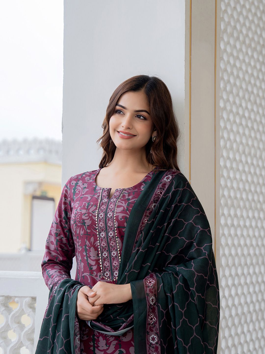 KALINI Floral Printed Notch Neck Straight Kurta With Trousers & Dupatta-picture-26