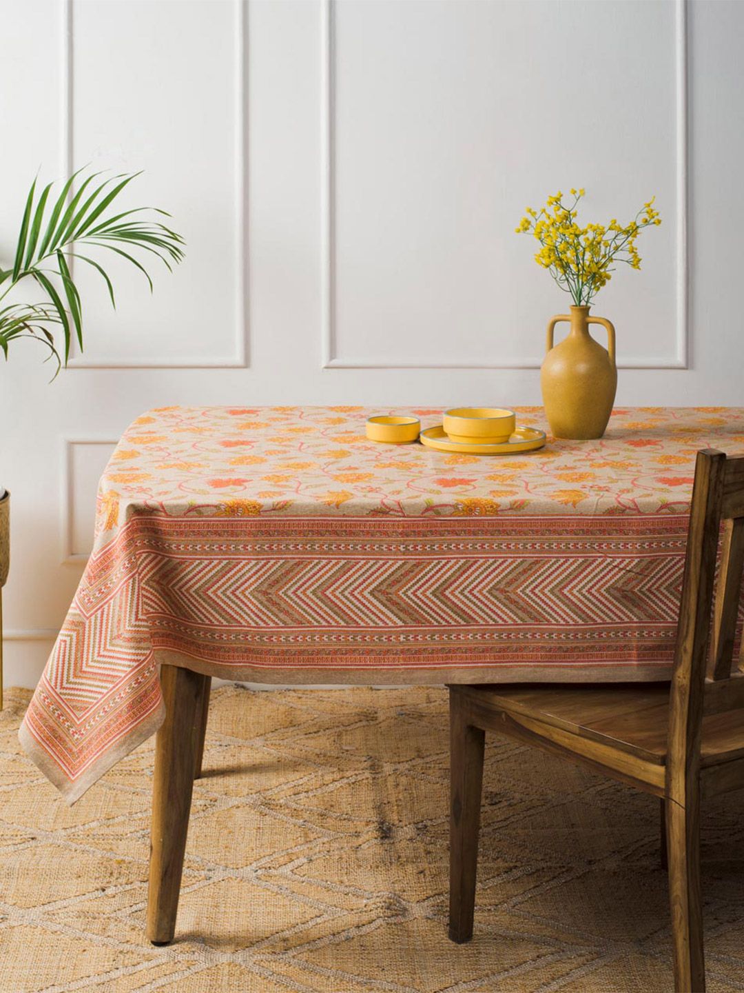 Fabindia Yellow & Beige Floral Printed Cotton 4-Seater Table Cover-image-49