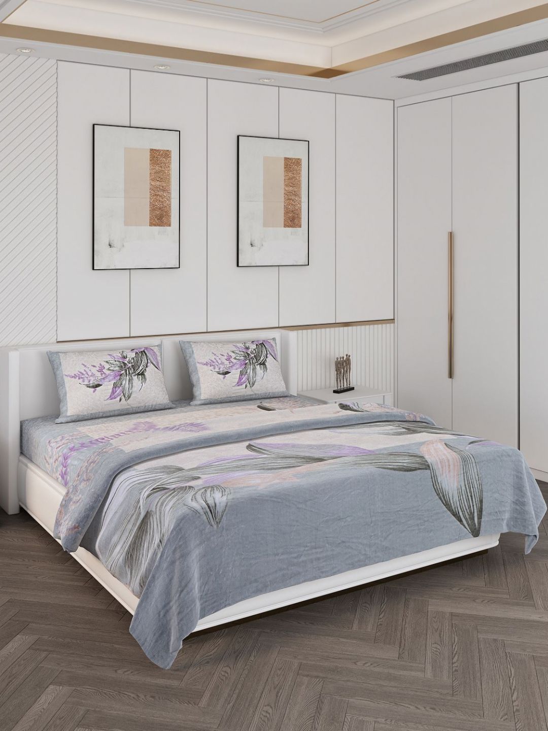 Monte Carlo Grey 4 Pieces Floral Double Queen Bedsheet With 2 Pillow Covers & Comforter-image-1