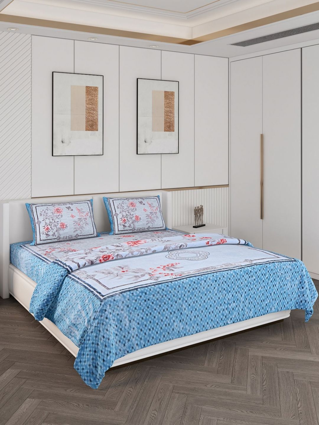 Monte Carlo Blue 4 Pieces Floral Double Queen Bedsheet With 2 Pillow Covers & Comforter-image-17